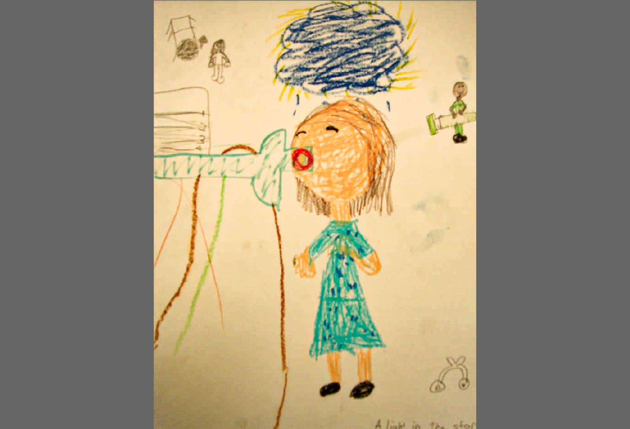 A child's drawing of a girl undergoing a breathing test while standing under a rain cloud which is blocking the sun.