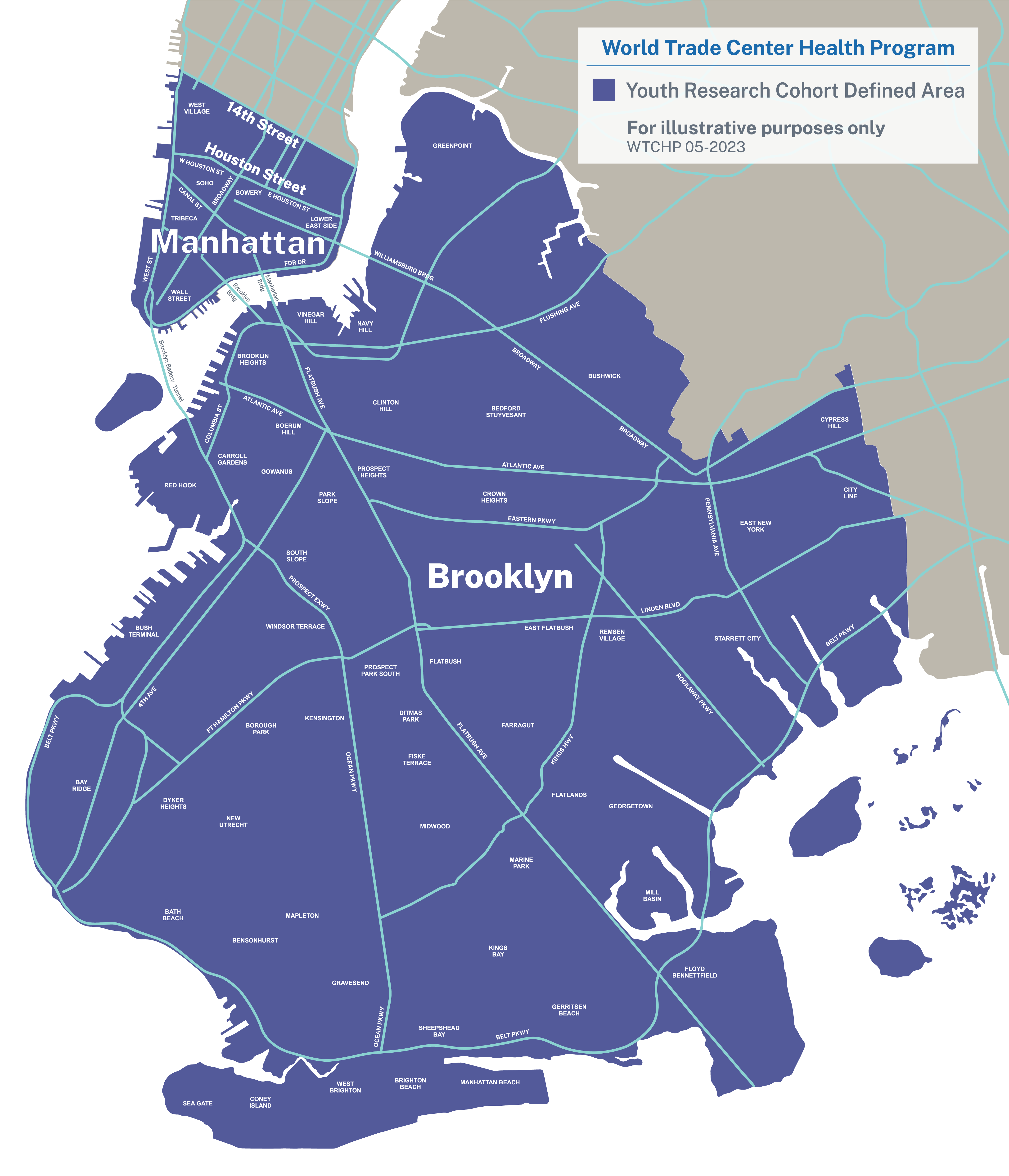Map showcasing the Youth Research Cohort Defined Area in Brooklyn and Manhattan