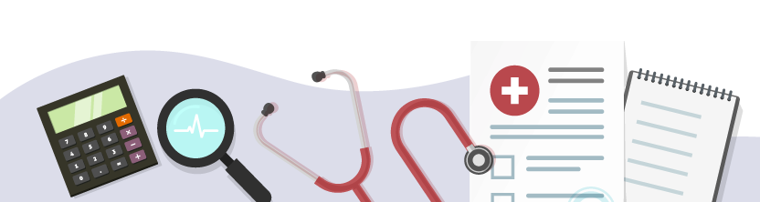 Graphic depicting a calculator, notepad, and stethoscope.