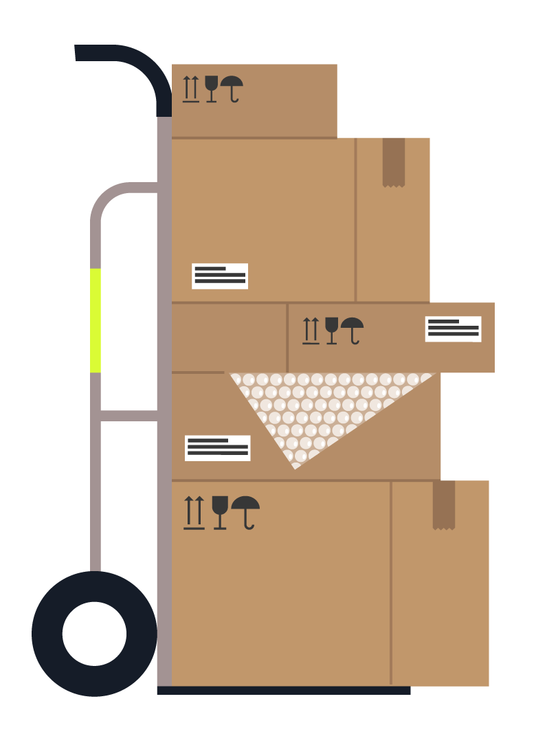 Graphic of moving boxes on a wheeled cart.