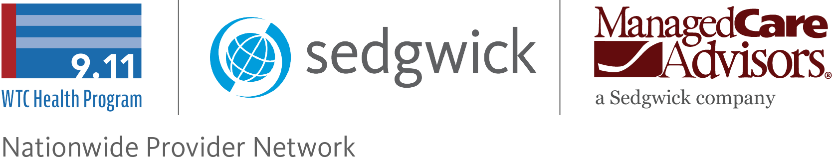 Nationwide Provider Network logos including WTC Health Program, Sedgwick, and Managed Care Advisors, a Sedgwick company.