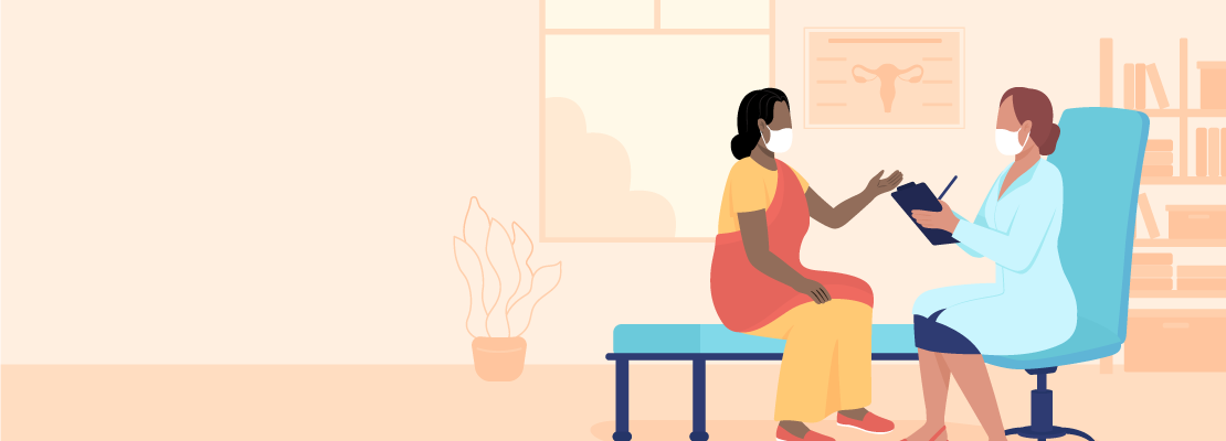 Graphic depicting a female patient speaking with a doctor in their office.