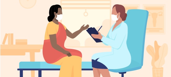 Graphic depicting a female patient speaking with a doctor in their office.