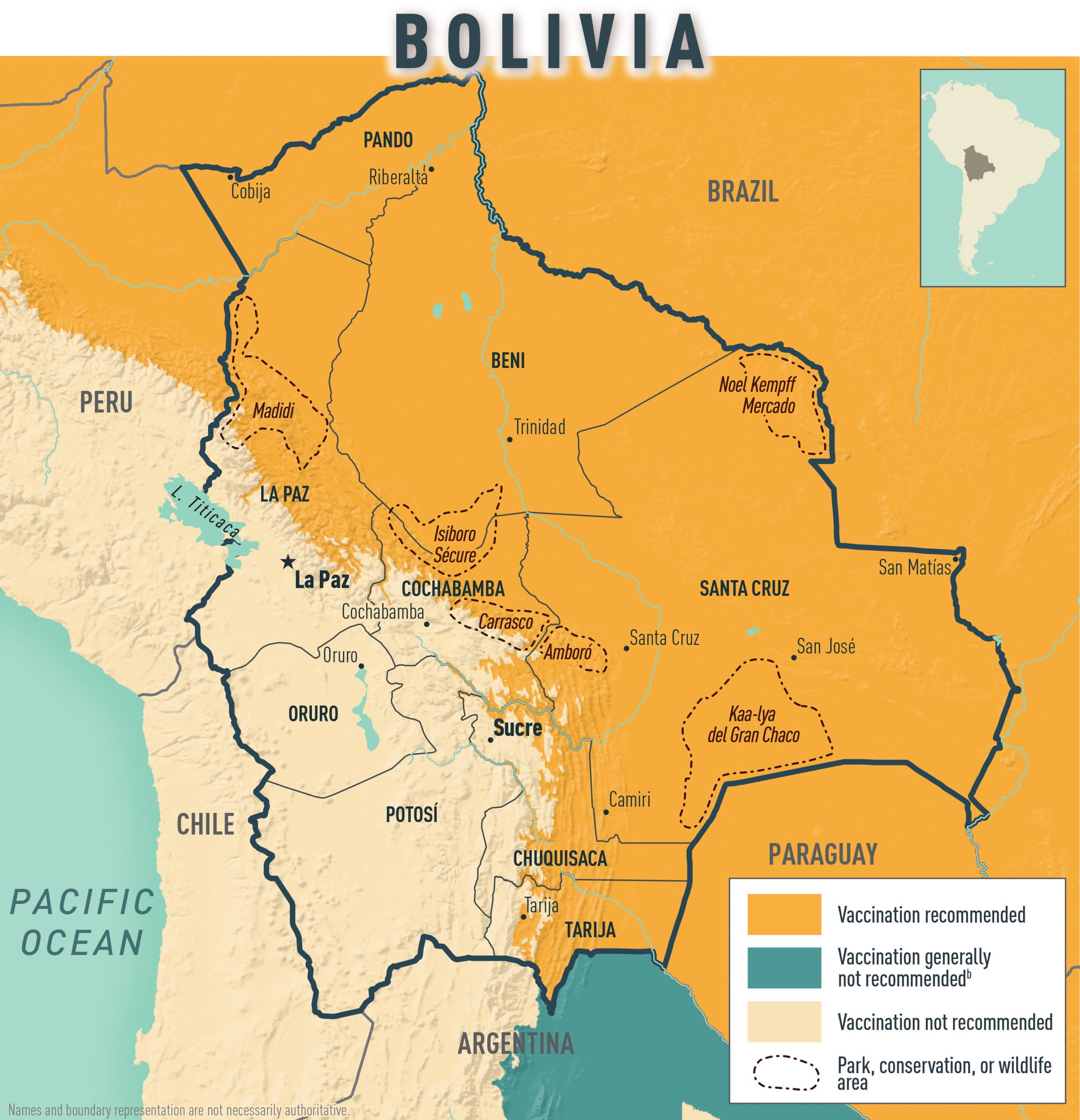 Yellow fever map for Bolivia & neighboring countries