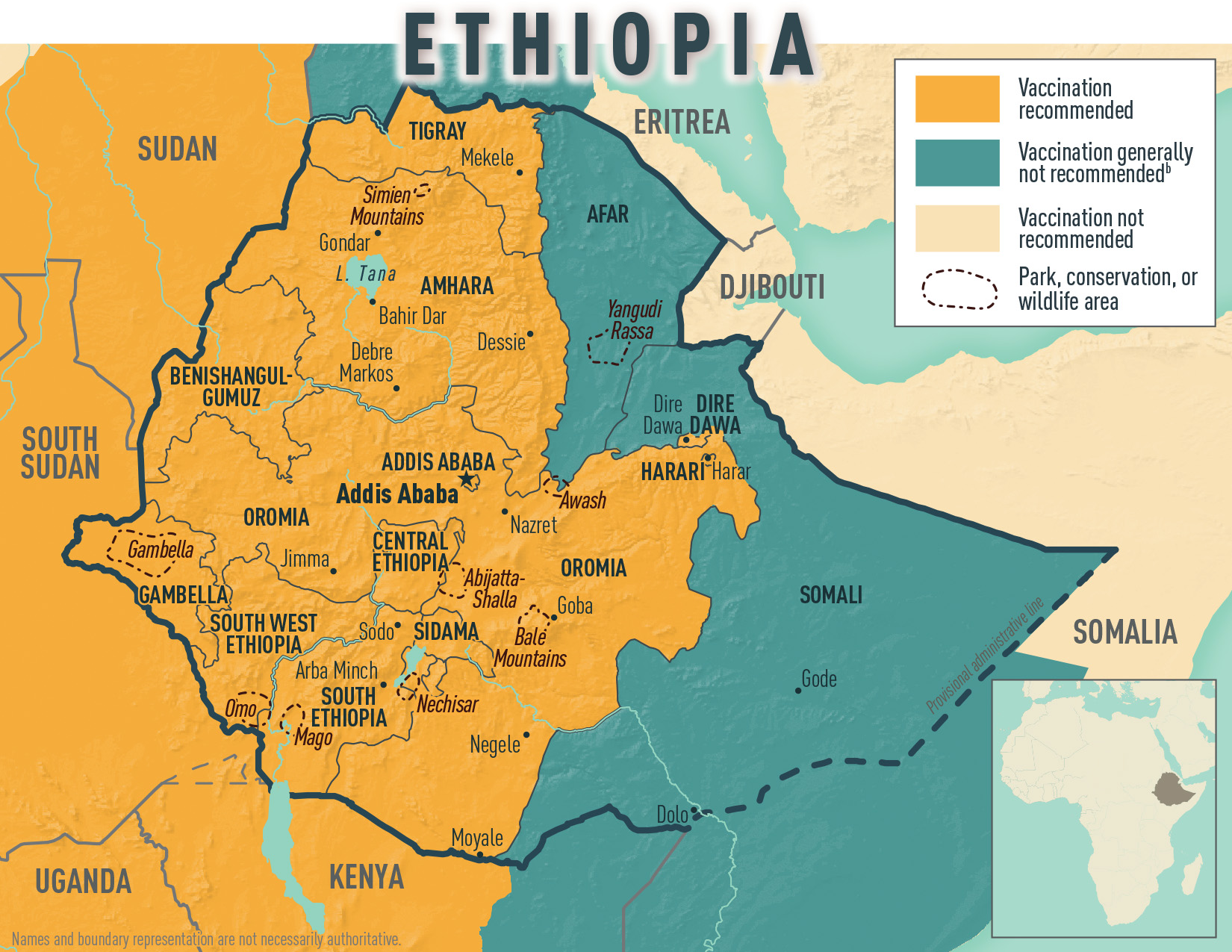 Yellow fever map for Ethiopia & neighboring countries