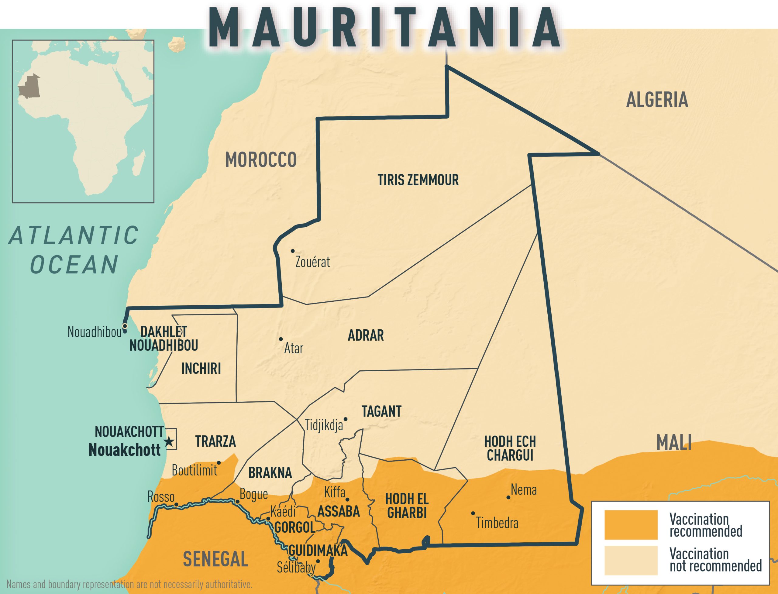 Yellow fever map for Mauritania & neighboring countries