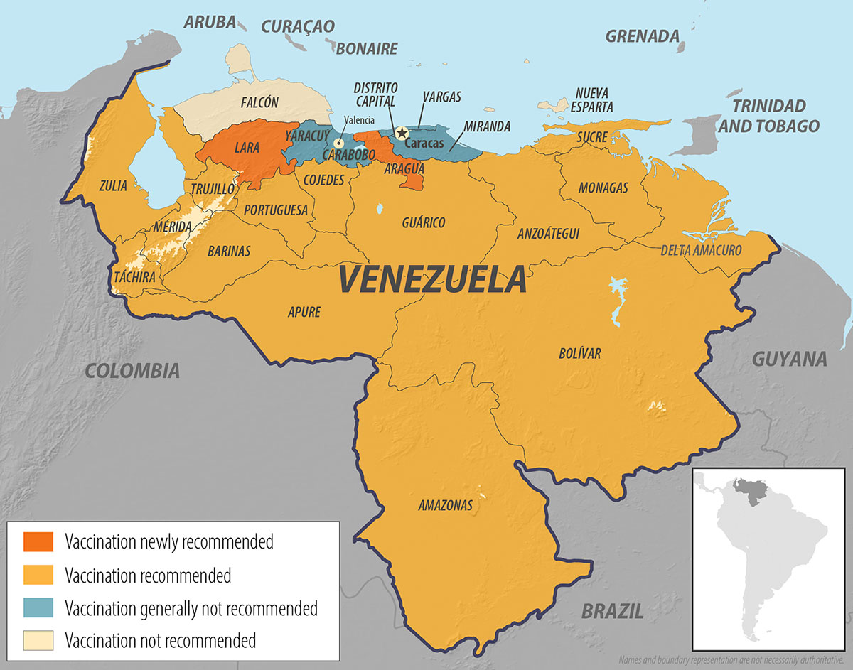 Yellow fever map for Venezuela & neighboring countries