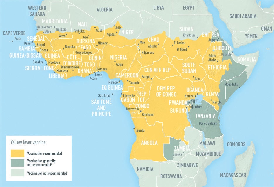 Map: Africa showing areas at risk for Yellow Fever Transmision