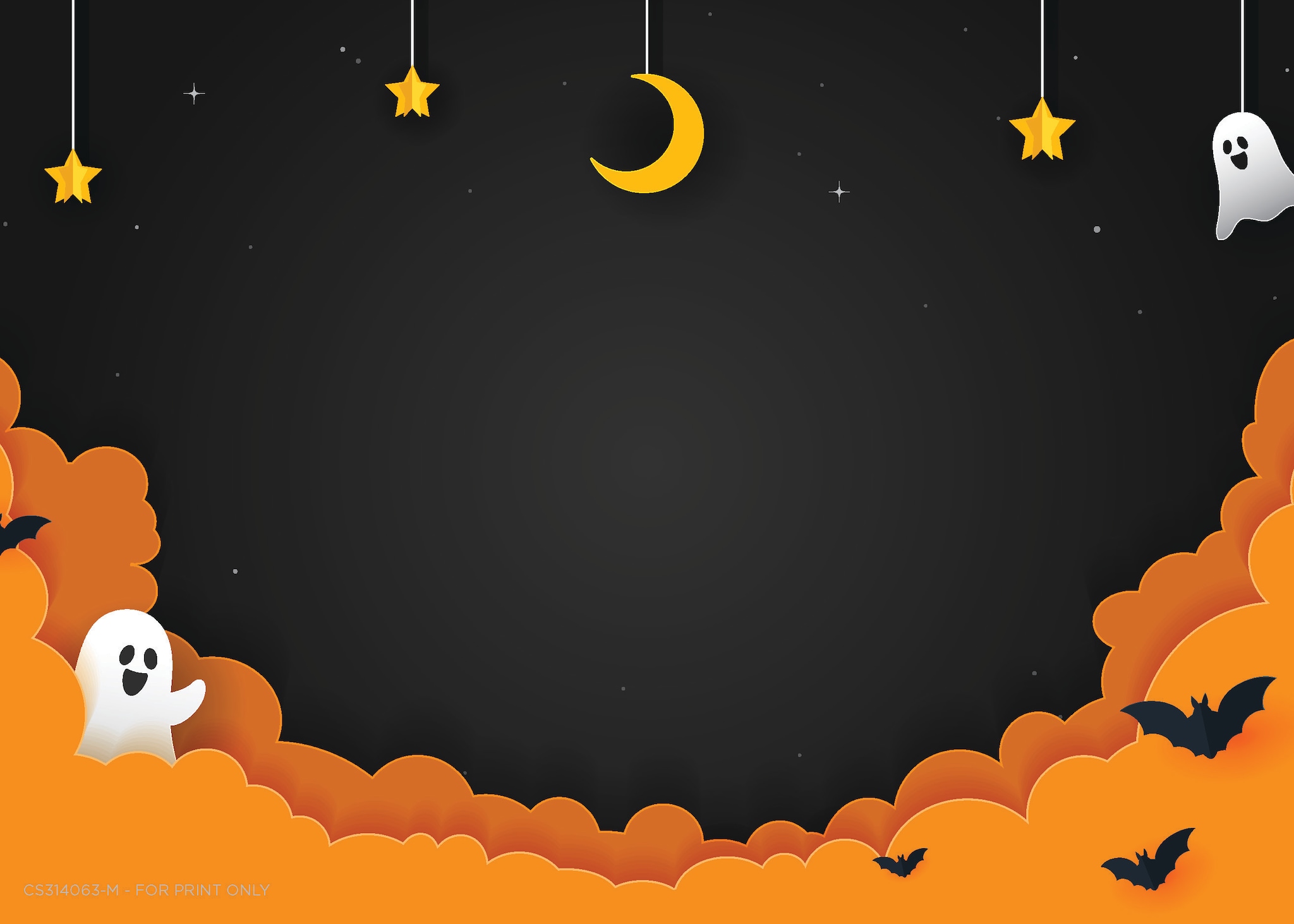 Un postal de Halloween con dibujos animados de fantasmas, murciélagos, estrellas, y una luna.