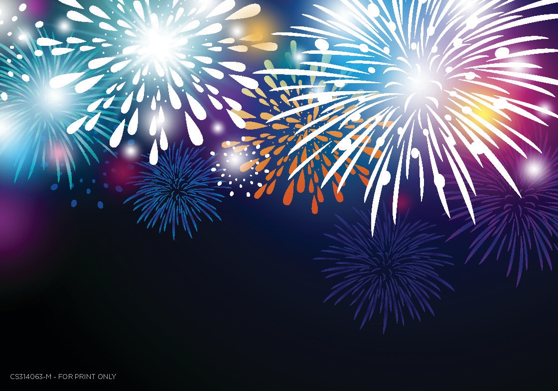 Un postal de Año Nuevo con fuegos artificiales en el cielo nocturno