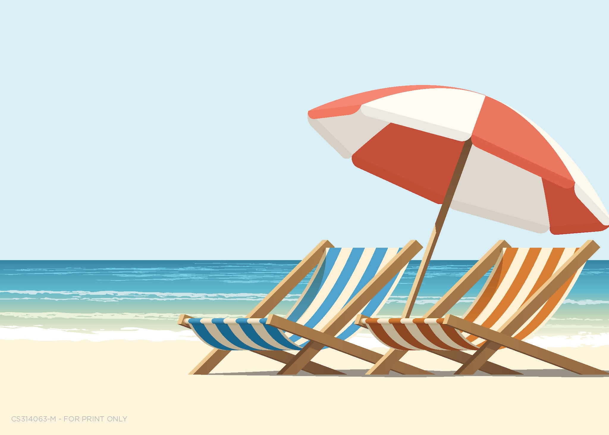 Un postal de verano de dos sillas de playa con una sombrilla en la playa