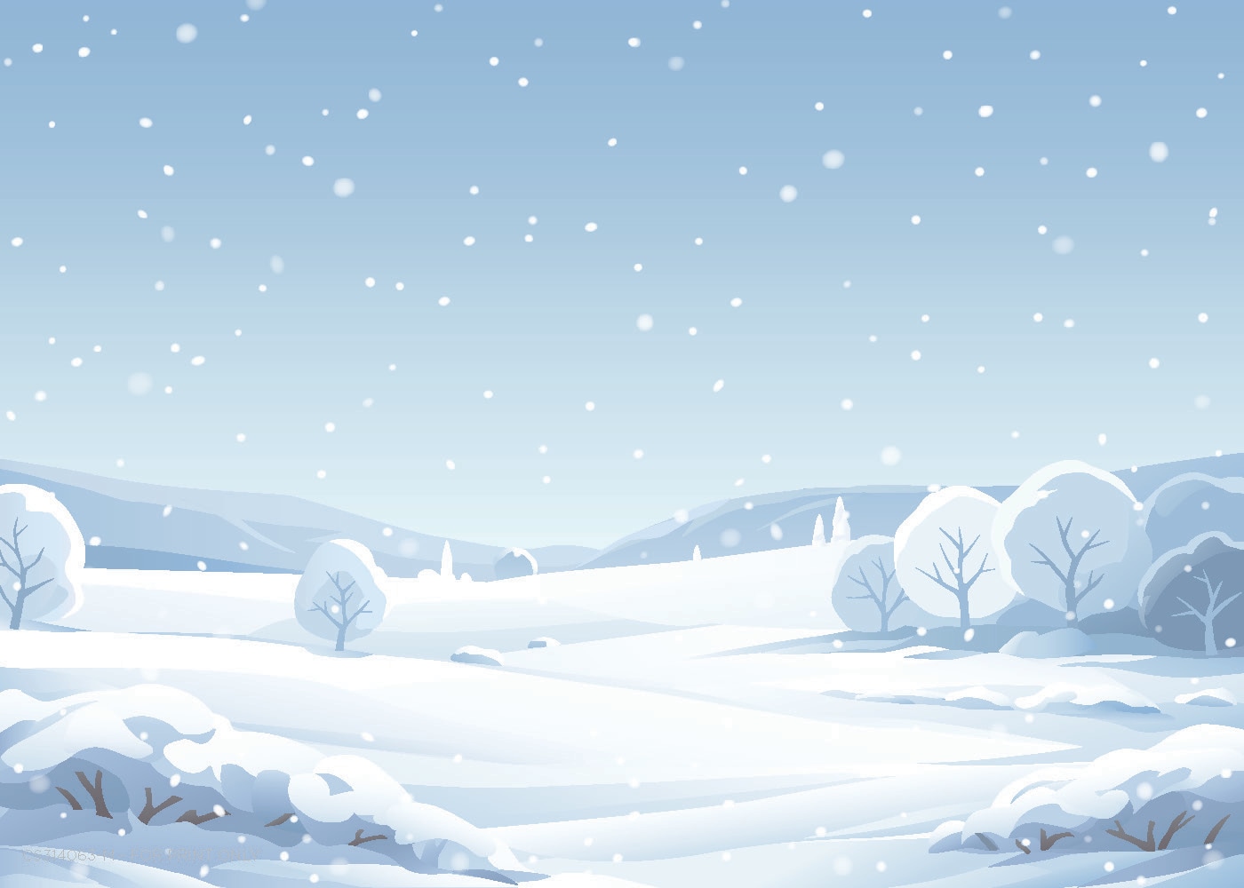 Un postal con un paisaje de nieve con árboles y montañas