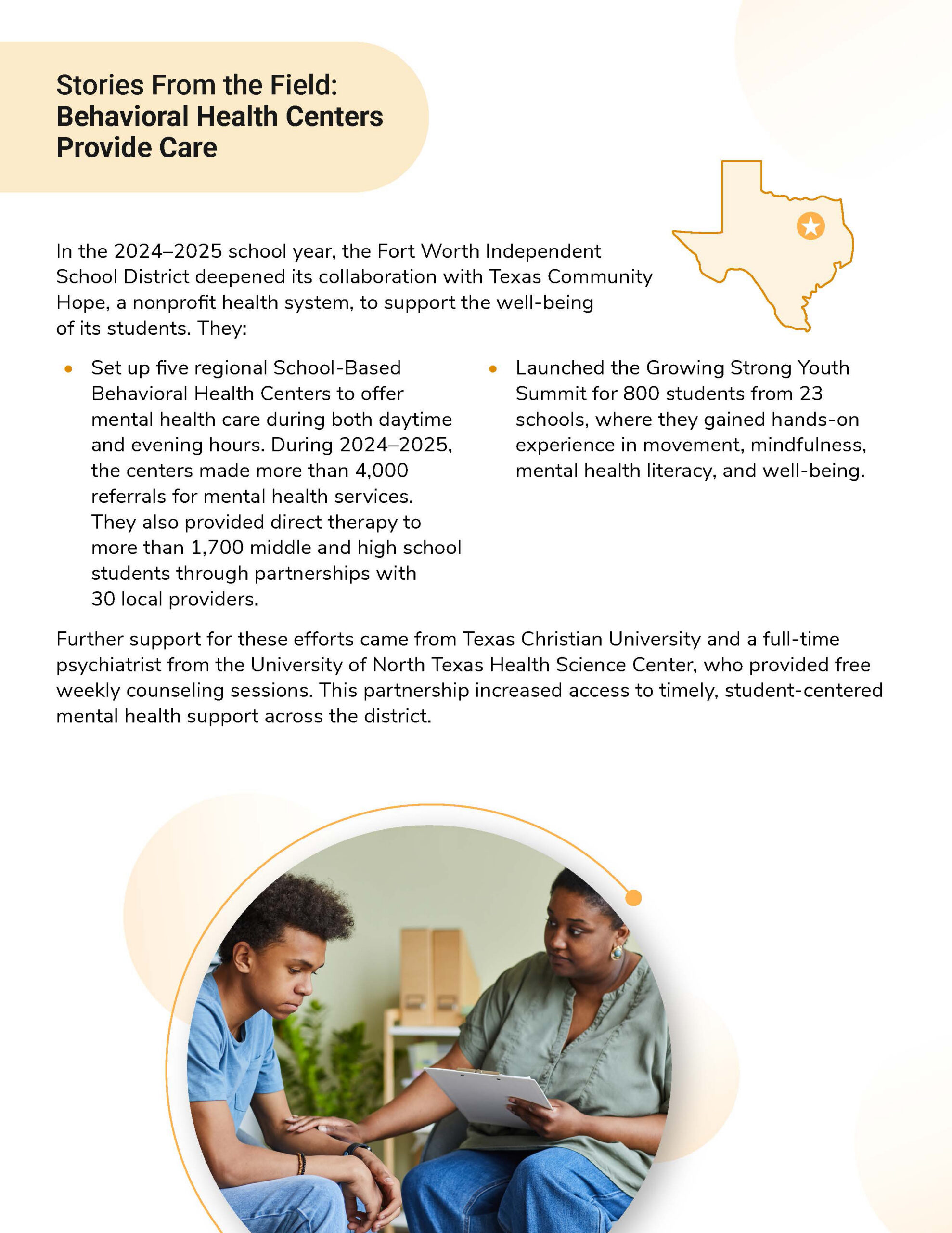 Behavioral health centers provide care.