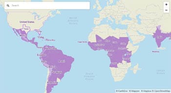 Mapa mundial mostrando países e territórios que relataram transmissão ativa do zika vírus