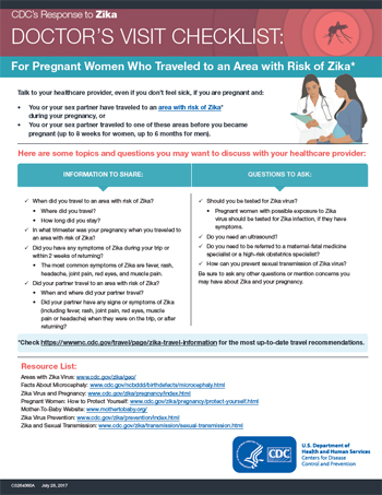 Doctors visit checklist: For pregnant women who traveled to an area with Zika fact sheet thumbnail