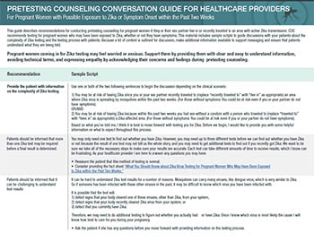 Pretesting counseling conversation guide for healthcare providers for pregnant women with possible exposure to Zika or sympton onset within the past two weeks fact sheet thumbnail