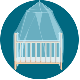 a babies crib covered by a mosquito net
