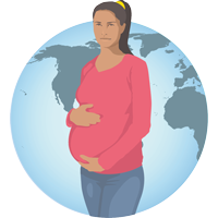 una mujer embarazada parada delante de un planeta