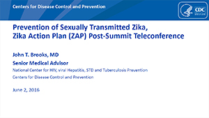 Prevenção do zika transmitido sexualmente: plano de ação contra o zika (ZAP), teleconferência pós-reunião - Miniatura da página de abertura da apresentação de slides