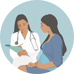 Gráfica de una doctora hablando con mujer embarazada