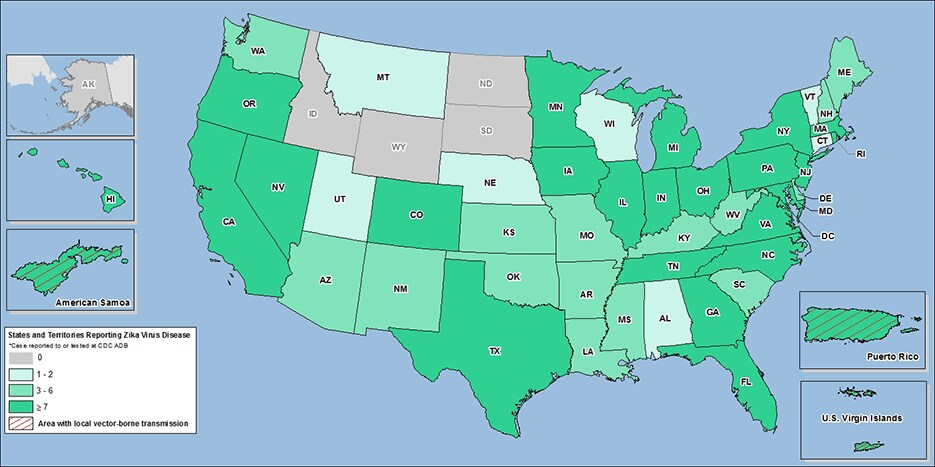 	Map of the United States showing Travel-associated and Locally acquired cases of the Zika virus.  The locations and number of cases can be found in the table below.