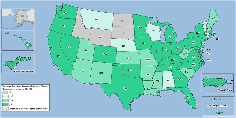 	Map of the United States showing Travel-associated and Locally acquired cases of the Zika virus.  The locations and number of cases can be found in the table below.