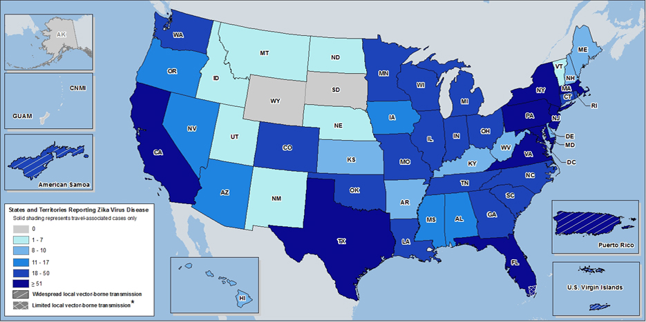   Map of the United States showing Travel-associated and Locally acquired cases of the Zika virus. The locations and number of cases can be found in the table below.