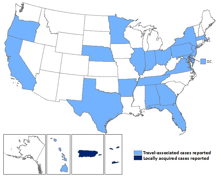 Map of the United States showing countries associated with Travel-associated Zika virus and Locally-transmitted Zika virus cases.  Travel-associated states are Arkansas 1, California 2, District of Columbia 3, Florida 9, Georgia 1, Hawaii 3, Illinois 3, Massachusetts 2, Minnesota 1, New Jersey 1, Texas 8, Virginia 1, and Puerto Rico 1.  Areas with locally-transmitted cases are Puerto Rico 8, and US Virgin Islands 1