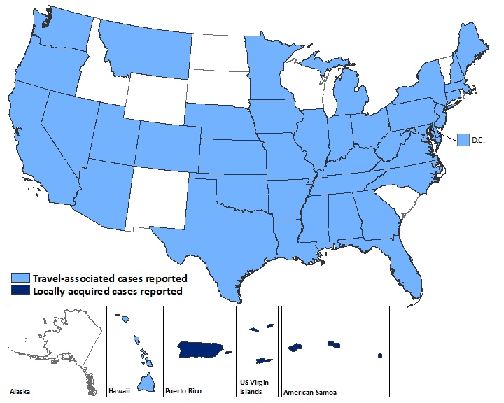 Map of the United States showing Travel-associated and Locally acquired cases of the Zika virus.  The locations and number of cases can be found in the table below.
