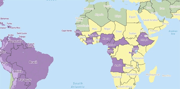 Thumbnail of world map of areas with risk of Zika