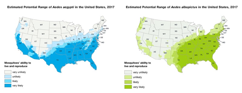 Dos mapas de los Estados Unidos que muestran áreas donde hay mosquitos Aedes aegypti y Aedes albopictus o donde se los ha encontrado anteriormente. El área de alcance del Aedes aegypti es la mitad sur de los Estados Unidos. El alcance del Aedes albopictus es la mitad este de los Estados Unidos, además de la región sudoeste.