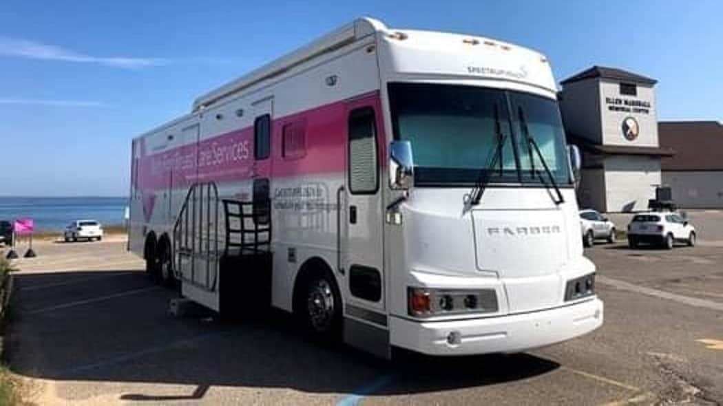 Mobile mammogram van outside the Bay Mills Health Center