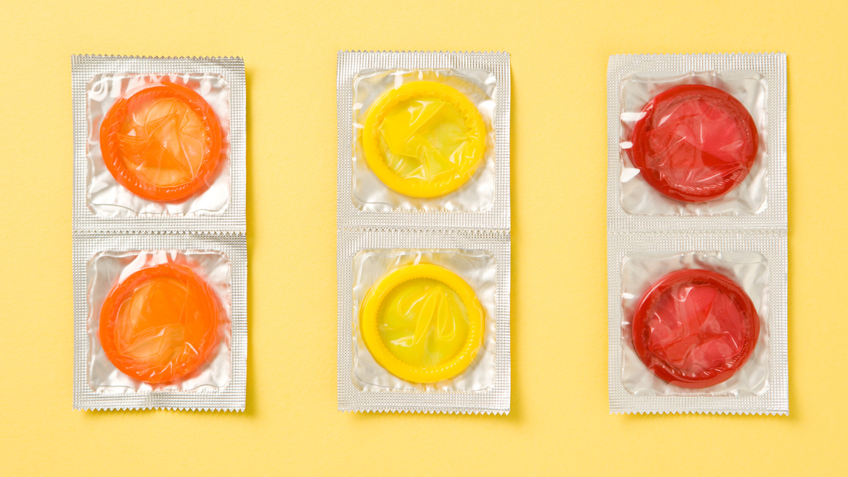 Male External Condoms Male (external) condoms of various colors in a 2x3 grid.