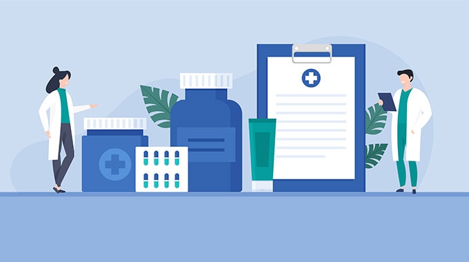 illustration of healthcare professionals alongside different kinds of medicine and a clipboard