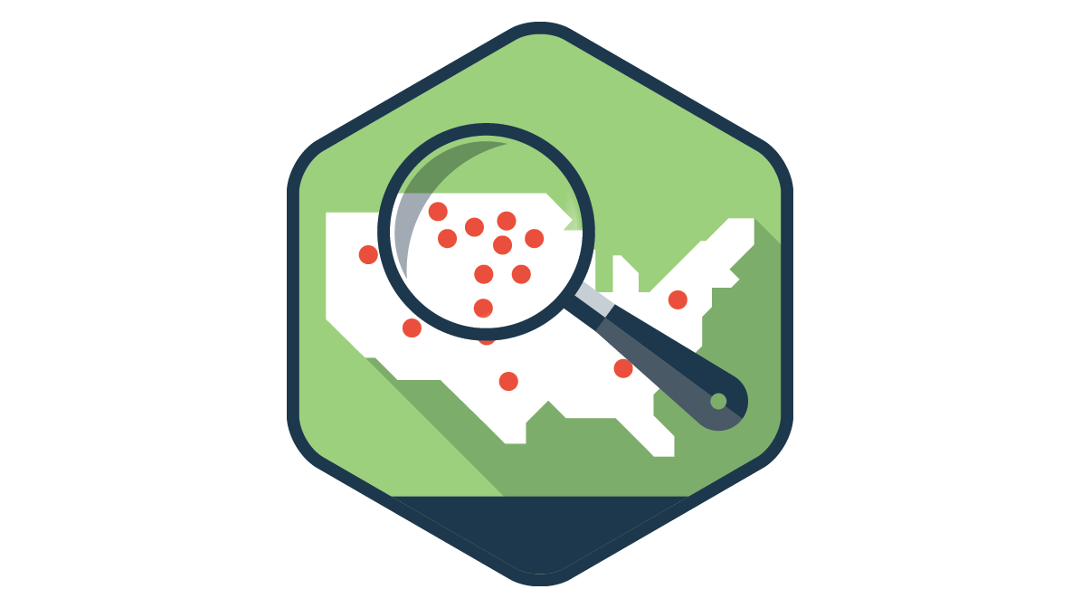 Outbreak investigation icon depicting the United States, a magnifying glass, and red dots in a cluster to represent Legionnaires' disease cases