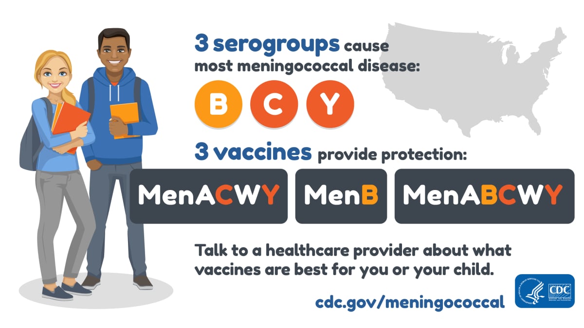Three serogroups cause most meningococcal disease in the United States: B, C, and Y. Two vaccines provide protection: MenACWY helps protect against serogroups C and Y while MenB helps protect against serogroup B. Talk to a vaccine provider about what vaccines are best for you or your child.