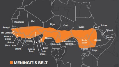 The meningitis belt stretches from Ethiopia to Senegal in Africa.