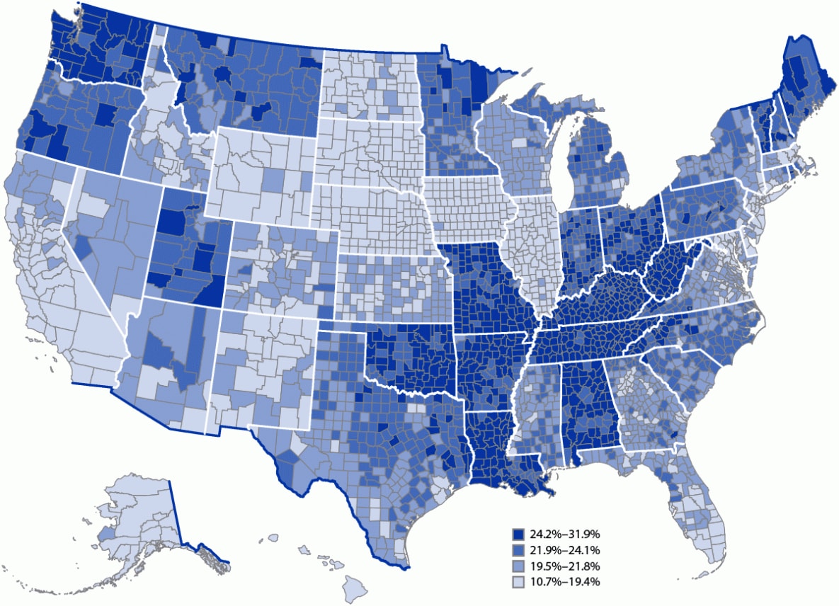 The figure is a map of the United States with model-based age-standardized county estimates of adults aged ≥18 years self-reporting a lifetime diagnosis of depression, created using data collected by the Behavioral Risk Factor Surveillance System during 2020.