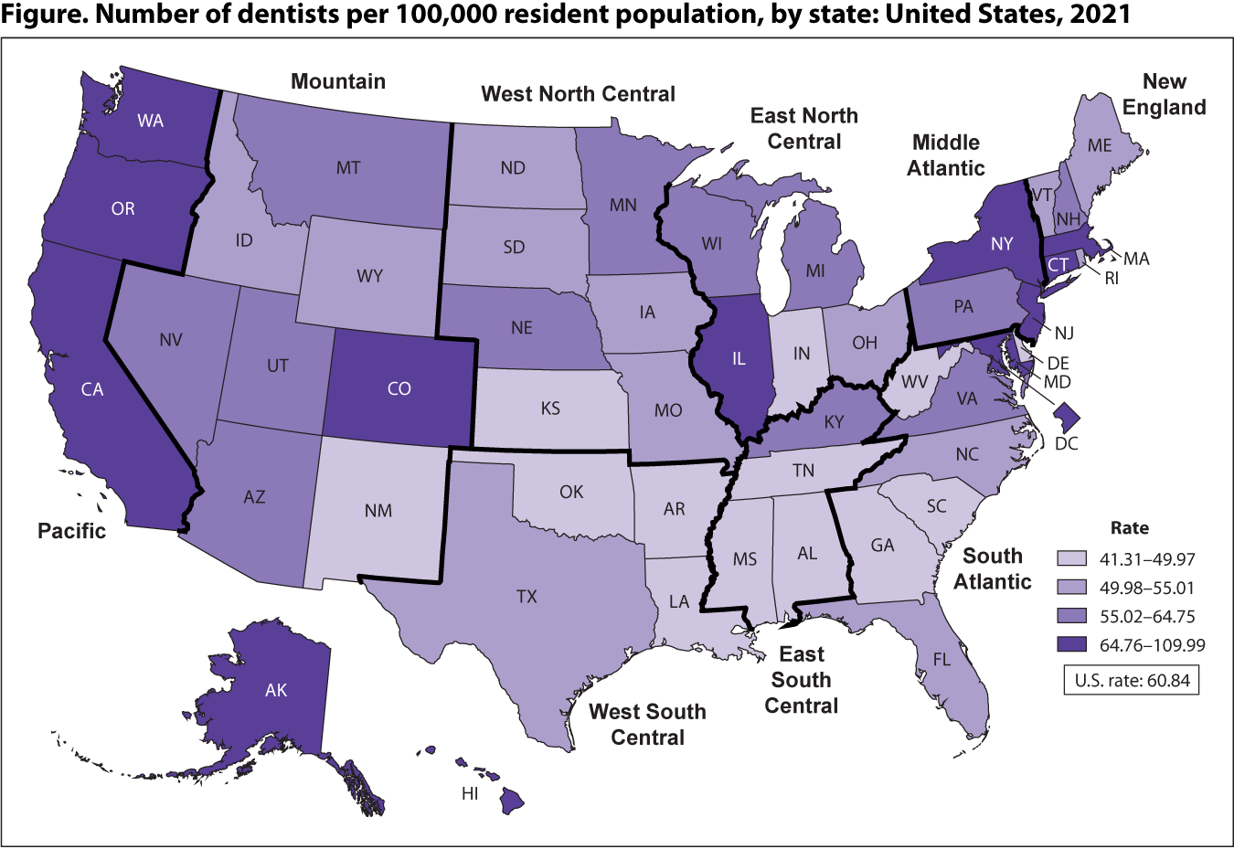 Dentist Fig Figure is a U.S. map showing the number of dentists per 100,000 resident population for each of the 50 states and District of Columbia for 2021.